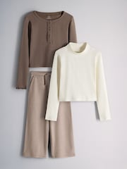 The Set 3 Piece Long Sleeve Henley, Long Sleeve Roll Neck Top and Wide Leg Trousers Set Brown/Cream/Herringbone - Image 1 of 6