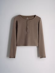 The Set 3 Piece Long Sleeve Henley, Long Sleeve Roll Neck Top and Wide Leg Trousers Set Brown/Cream/Herringbone - Image 2 of 6