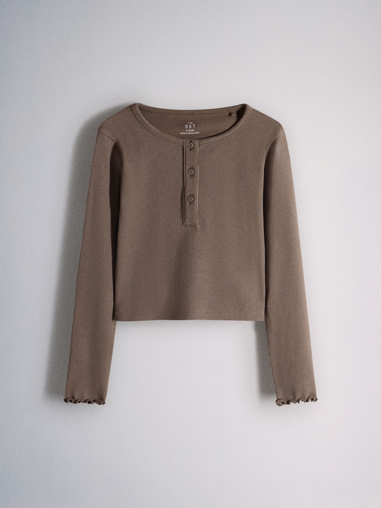 The Set 3 Piece Long Sleeve Henley, Long Sleeve Roll Neck Top and Wide Leg Trousers Set Brown/Cream/Herringbone - Image 2 of 6 The Set 3 Piece Long Sleeve Henley, Long Sleeve Roll Neck Top and Wide Leg Trousers Set Brown/Cream/Herringbone - Image 2 of 6
