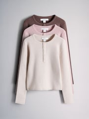 The Set 3 Pack Long Sleeve Ribbed Henley Tops Pink/Oatmeal/Brown - Image 1 of 6