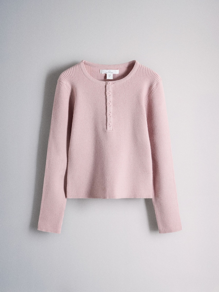 The Set 3 Pack Long Sleeve Ribbed Henley Tops Pink/Oatmeal/Brown - Image 2 of 6