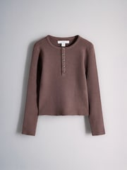 The Set 3 Pack Long Sleeve Ribbed Henley Tops Pink/Oatmeal/Brown - Image 4 of 6
