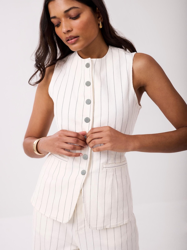 Mint Velvet White Pinstripe Denim Waistcoat - Image 1 of 8 Mint Velvet White Pinstripe Denim Waistcoat - Image 1 of 8