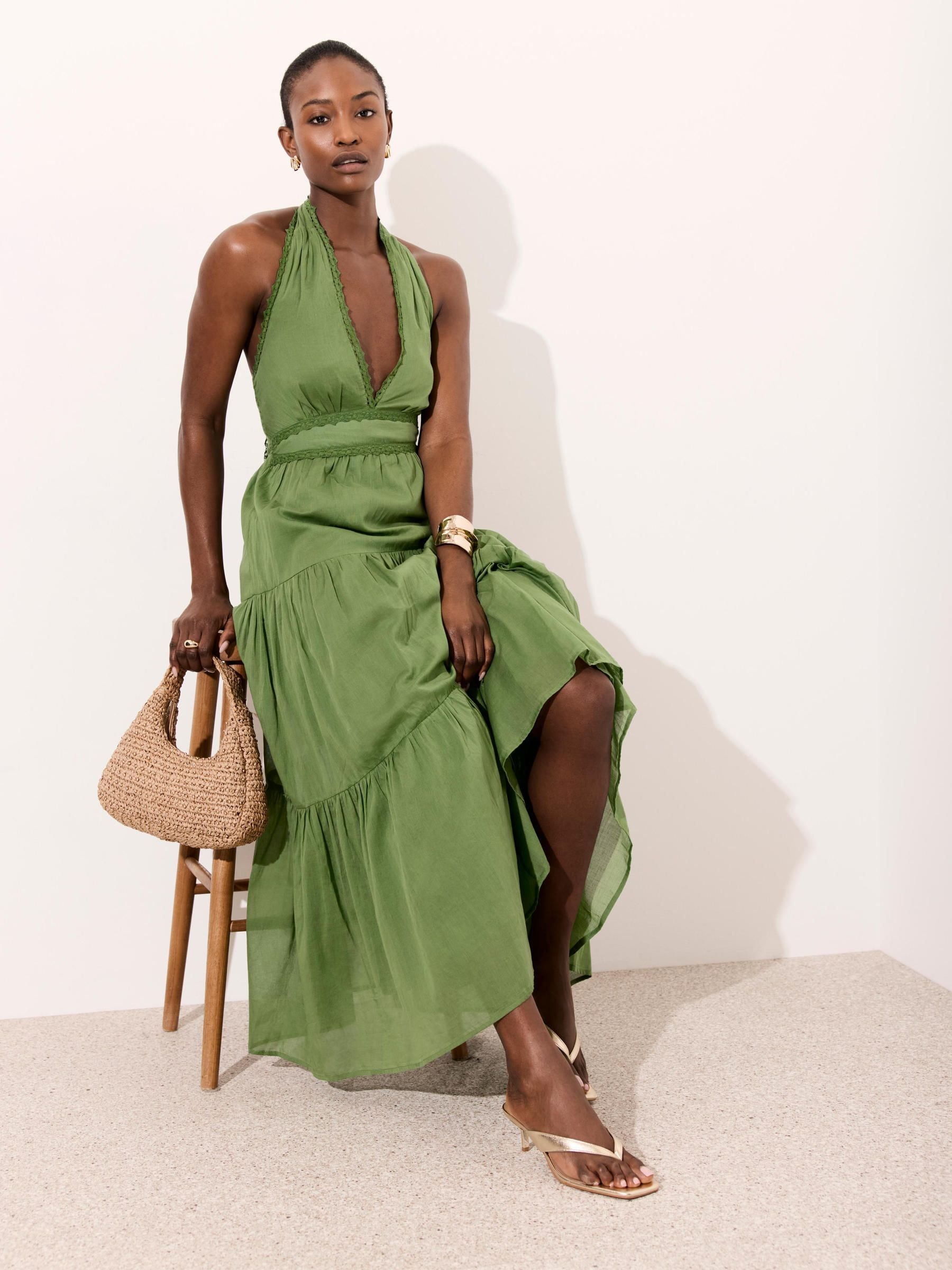 Mint Velvet Green Cotton Halter Maxi Dress