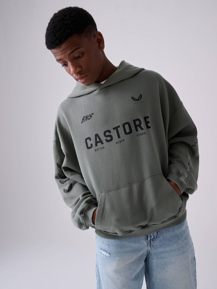 Castore Khaki Green Logo Oversized Heavyweight Cotton Hoodie - Image 1 of 11 Castore Khaki Green Logo Oversized Heavyweight Cotton Hoodie - Image 1 of 11