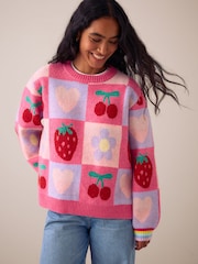 Little Bird by Jools Oliver Pink Fruit Checkerboard Jumper - Image 1 of 5