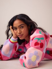 Little Bird by Jools Oliver Pink Fruit Checkerboard Jumper - Image 3 of 5