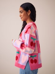 Little Bird by Jools Oliver Pink Fruit Checkerboard Jumper - Image 4 of 5