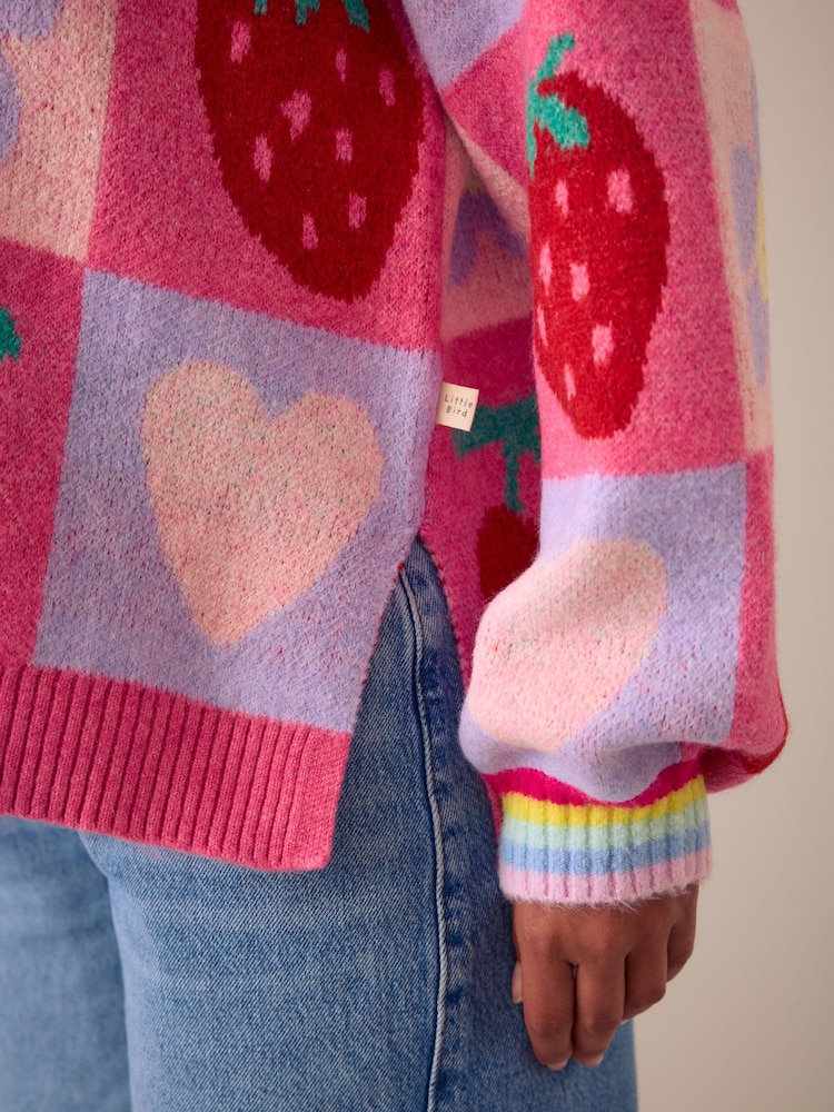 Little Bird by Jools Oliver Pink Fruit Checkerboard Jumper - Image 5 of 5