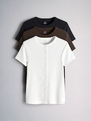White/Brown/Black - The Set Short Sleeve Button Through Rib T-Shirt - 圖片 1，共 6