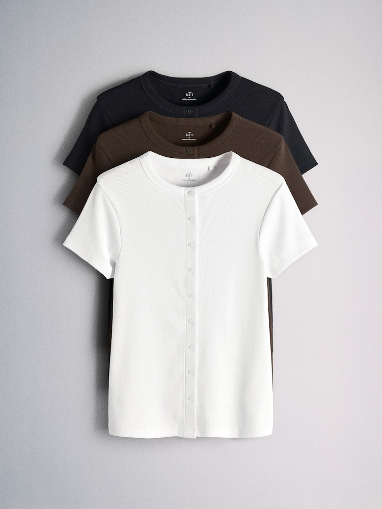White/Brown/Black - The Set Short Sleeve Button Through Rib T-Shirt - 圖片 1，共 6