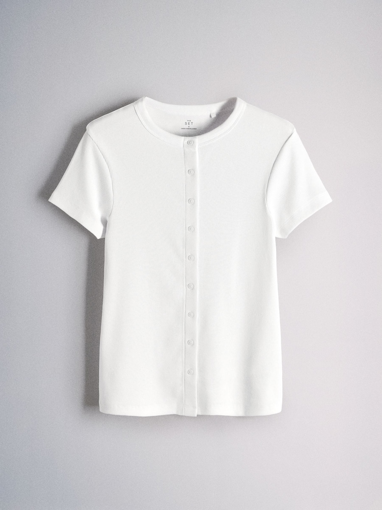 White/Brown/Black - The Set Short Sleeve Button Through Rib T-Shirt - 圖片 2，共 6