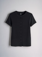 White/Brown/Black - The Set Short Sleeve Button Through Rib T-Shirt - 圖片 3，共 6