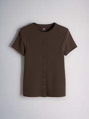 White/Brown/Black - The Set Short Sleeve Button Through Rib T-Shirt - 圖片 4，共 6