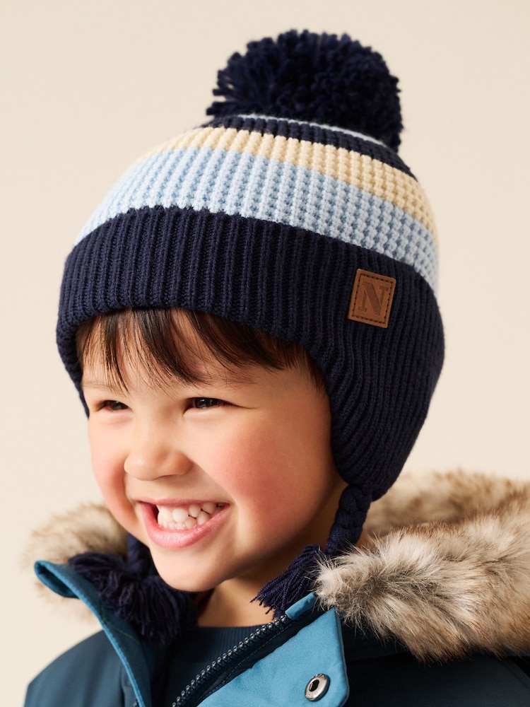 Navy/White stripe Pom Knitted Beanie Hat (3mths-13yrs) - Image 1 of 6 Navy/White stripe Pom Knitted Beanie Hat (3mths-13yrs) - Image 1 of 6
