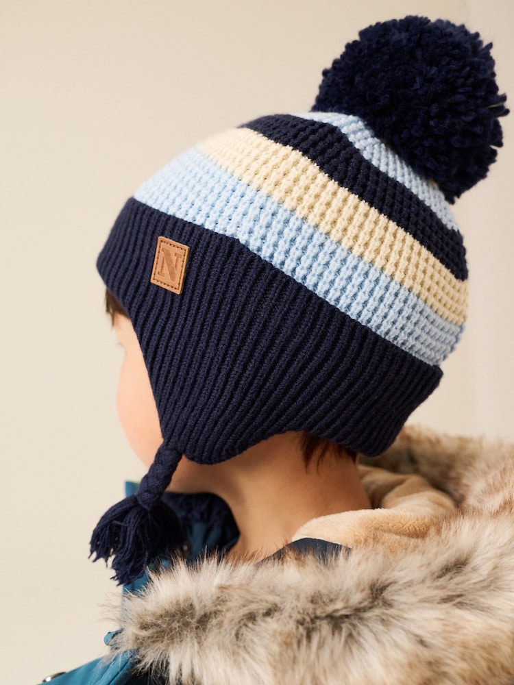Navy/White stripe Pom Knitted Beanie Hat (3mths-13yrs) - Image 2 of 6 Navy/White stripe Pom Knitted Beanie Hat (3mths-13yrs) - Image 2 of 6