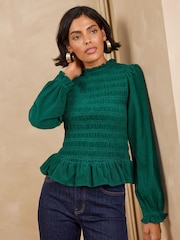 Love & Roses Forest Green Long Sleeve Shirred Cord Top - Image 1 of 5