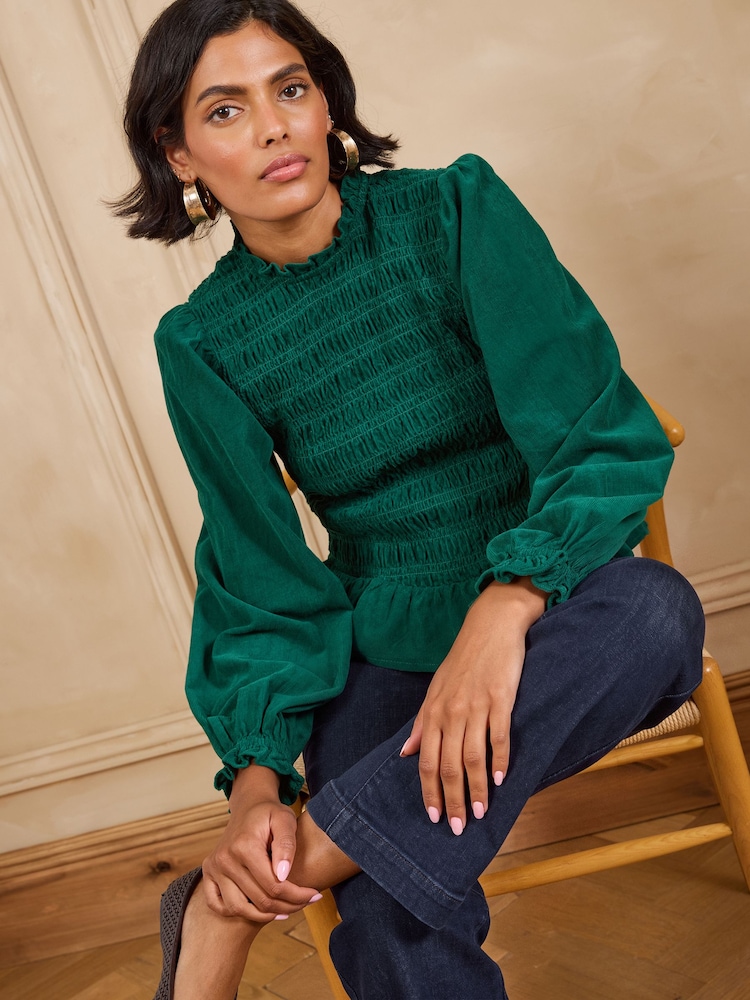 Love & Roses Forest Green Long Sleeve Shirred Cord Top - Image 2 of 5