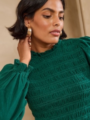 Love & Roses Forest Green Long Sleeve Shirred Cord Top - Image 4 of 5