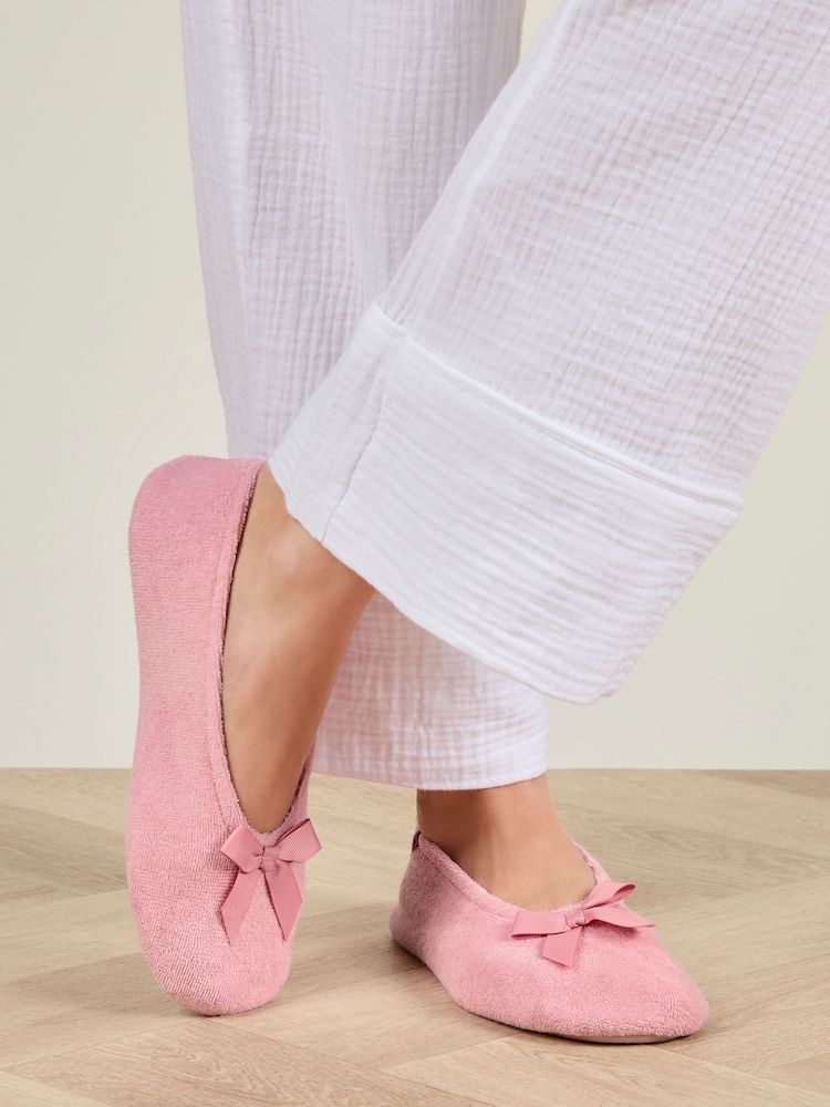 Totes Light Pink Isotoner Terry Ballet Slippers With Bow - Image 1 of 4