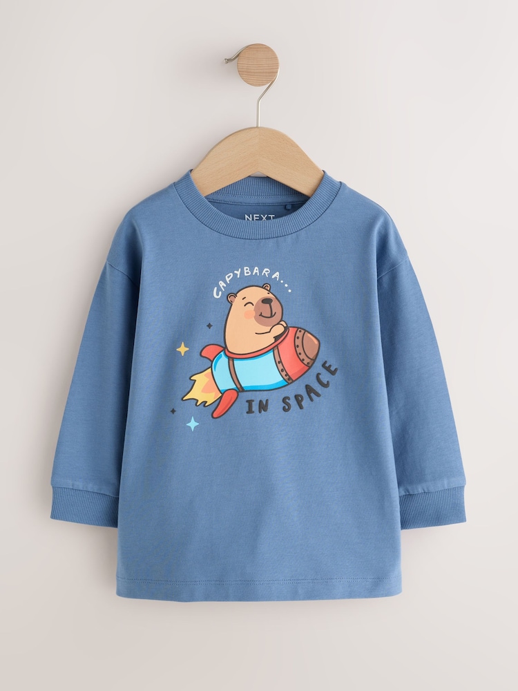 Blue Capybara in Space Long Sleeve Graphic T-Shirt (3mths-7yrs) - Image 1 of 4