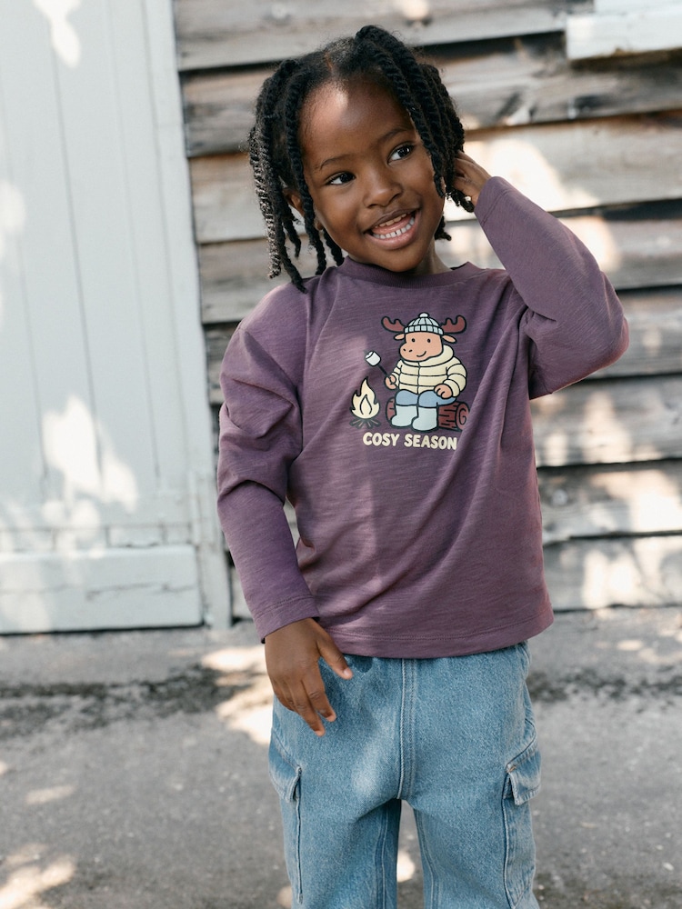 Burgundy Red Moose Cosy Seaon - 長袖 グラフィック Tシャツ（3ヶ月～7 歳） - 画像 1 / 4