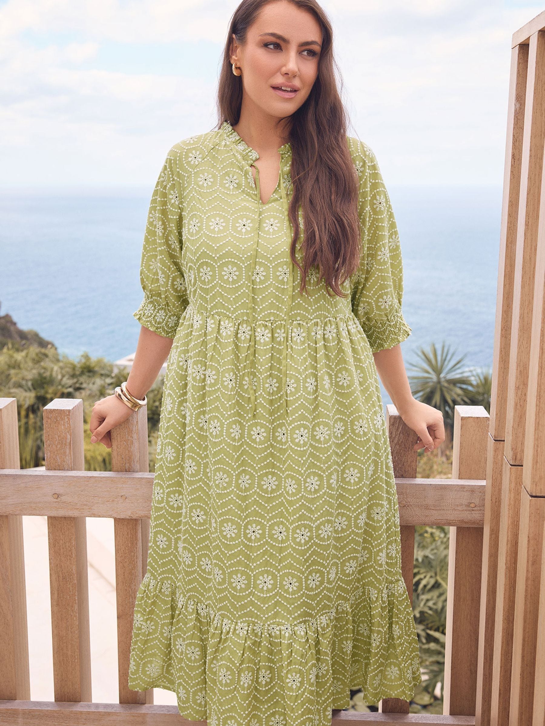 Evans Women's Green Tie Neck Broderie Maxi Dress