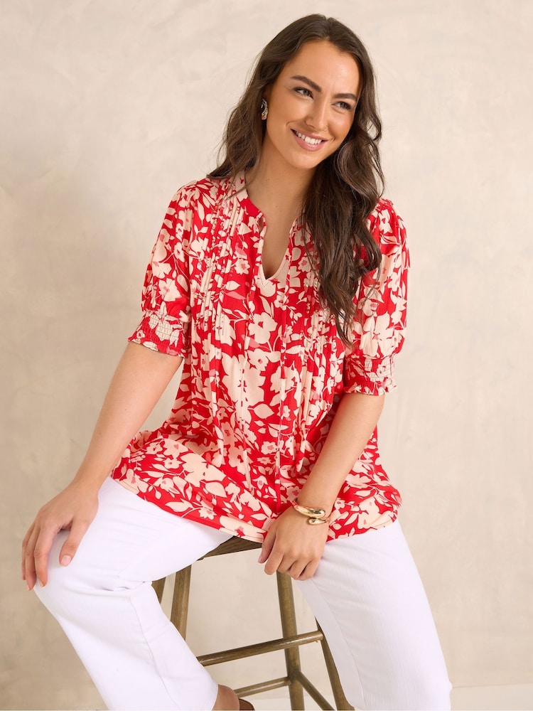 Qırmızı - Evans Qısa Qollu Hava Axını Bluzu - 6şəkildən 1 şəkil