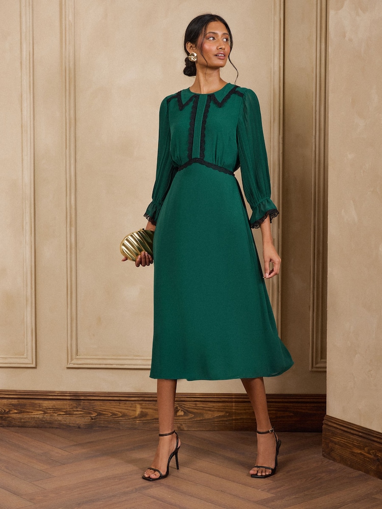 Love & Roses Forest Green Lace Trim Collared Midi Tea Dress - Image 1 of 4