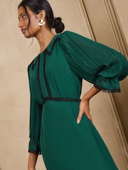 Love & Roses Forest Green Lace Trim Collared Midi Tea Dress - Image 4 of 4