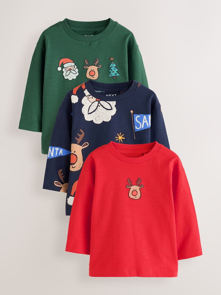 Navy/Red Long Sleeve Christmas T-Shirts 3 Pack (3mths-7yrs) - Image 1 of 7