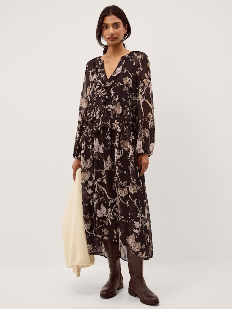 Monsoon Brown Jada Floral Print Ruffle Midi Dress - Image 1 of 5