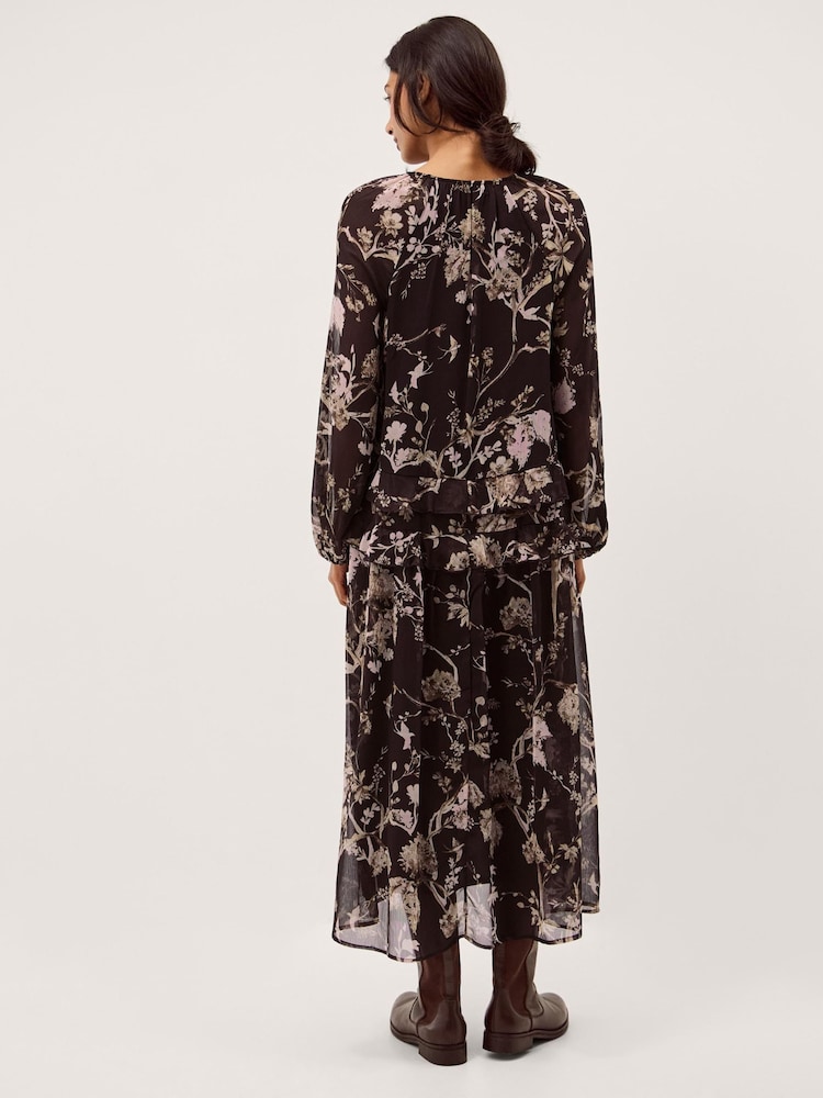 Monsoon Brown Jada Floral Print Ruffle Midi Dress - Image 2 of 5