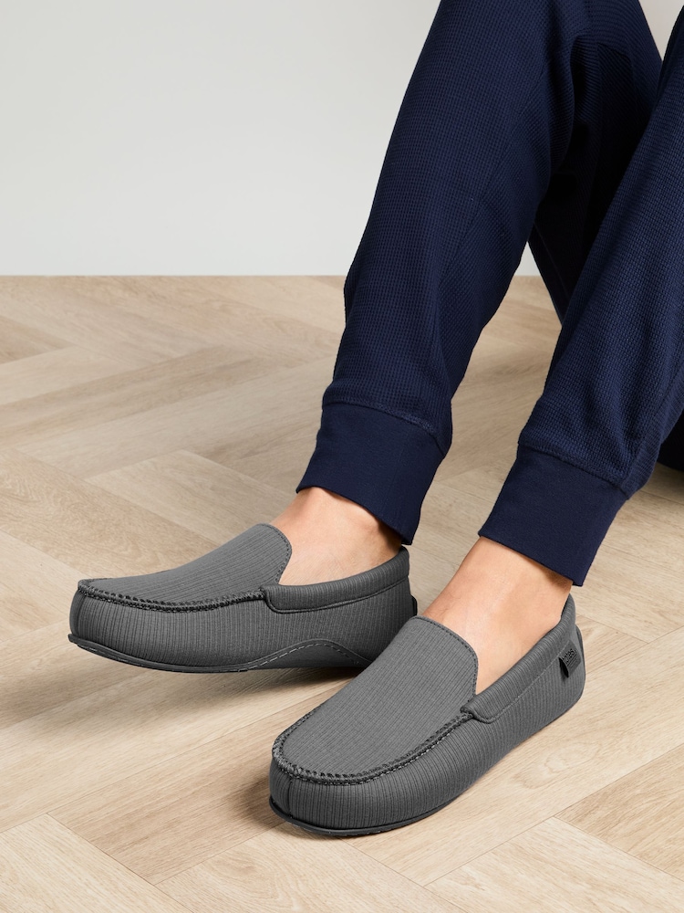 Totes Grey Isotoner Ribbed Moccasin Slippers - Image 1 of 4 Totes Grey Isotoner Ribbed Moccasin Slippers - Image 1 of 4