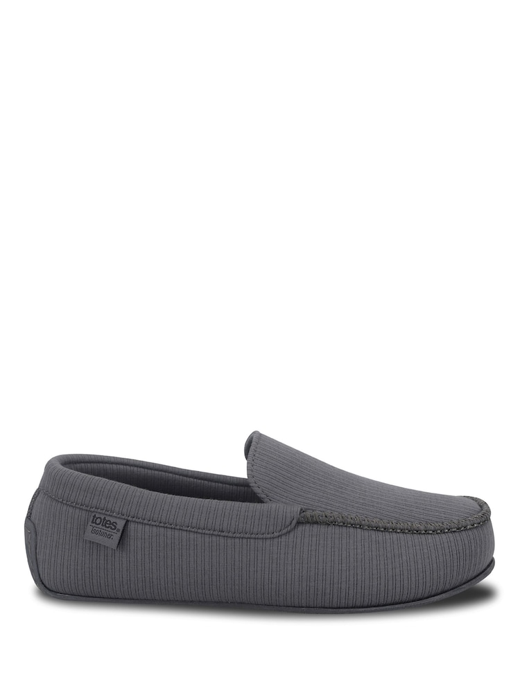 Totes Grey Isotoner Ribbed Moccasin Slippers - Image 2 of 4 Totes Grey Isotoner Ribbed Moccasin Slippers - Image 2 of 4