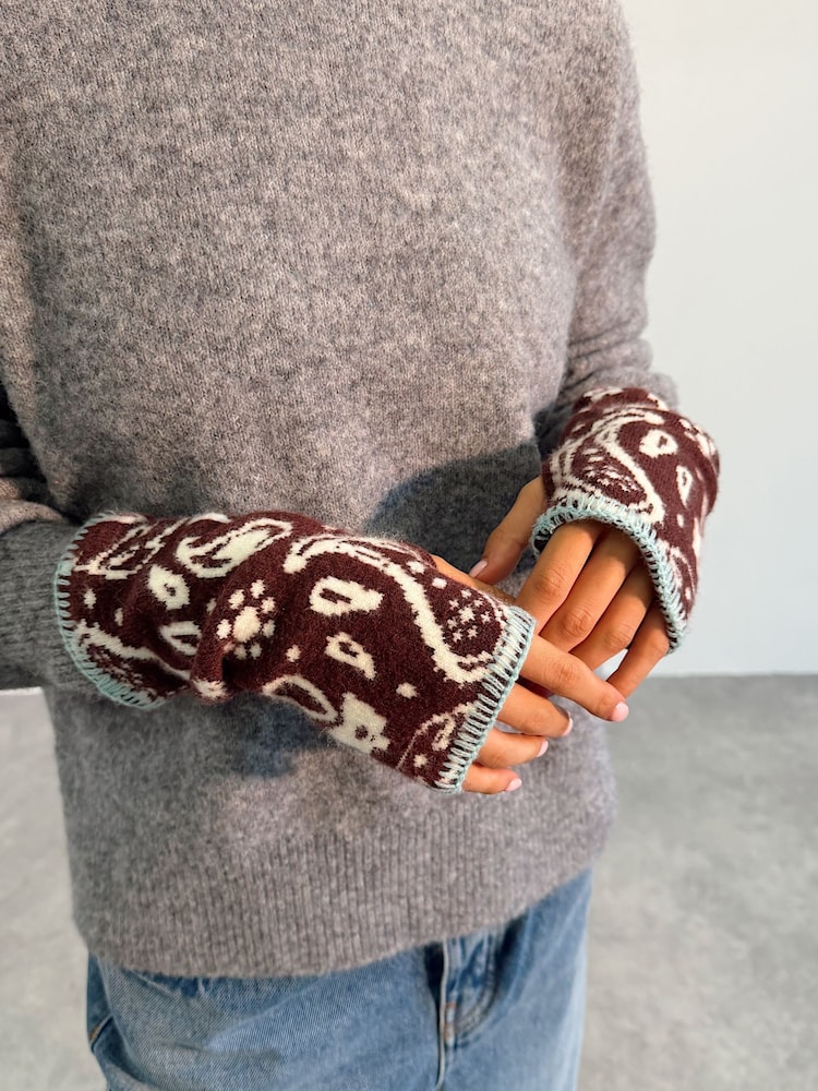 Never Fully Dressed Chocolate Brown Bandana Knit Whipstitch Handwarmer Gloves - Image 1 of 4