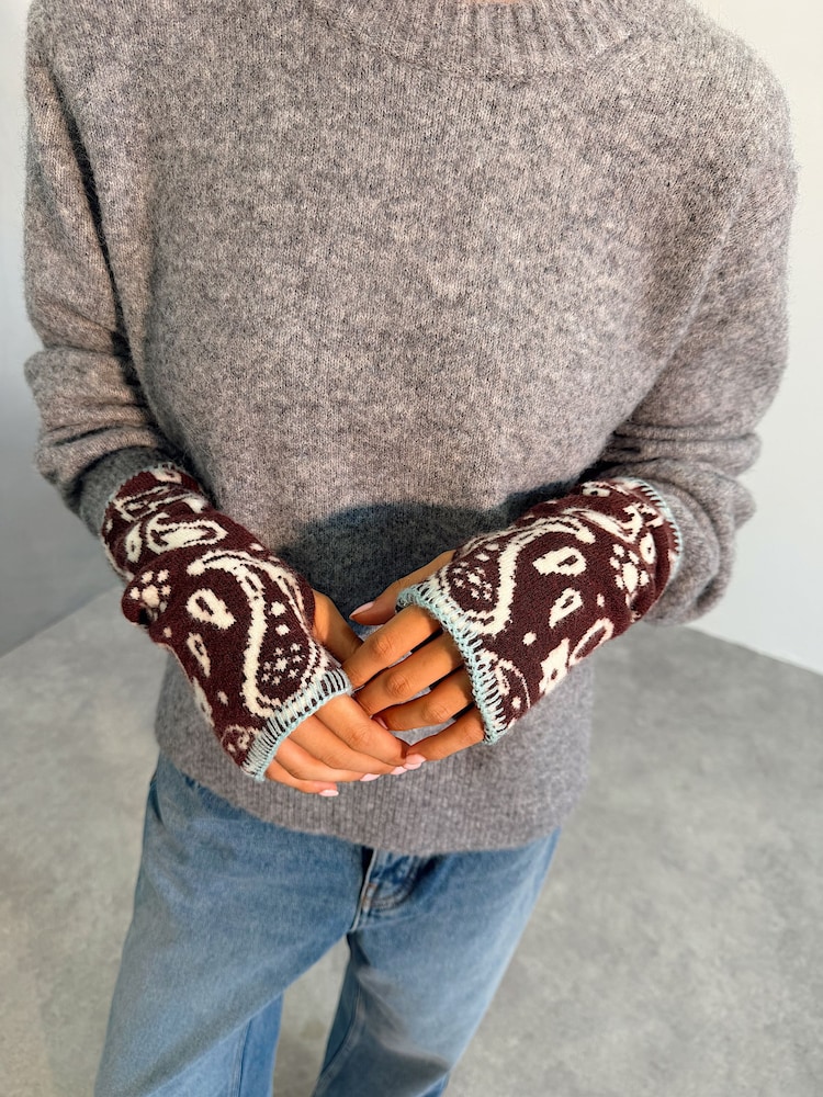Never Fully Dressed Chocolate Brown Bandana Knit Whipstitch Handwarmer Gloves - Image 2 of 4