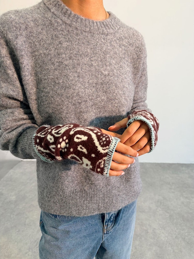Never Fully Dressed Chocolate Brown Bandana Knit Whipstitch Handwarmer Gloves - Image 4 of 4
