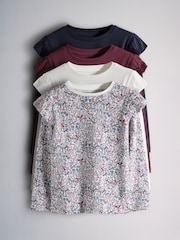 The Set 4 Pack Long Sleeve Frill Shoulder Jersey T-Shirts Ditsy Print/Cream/Burgandy Red/Navy Blue - Image 1 of 7