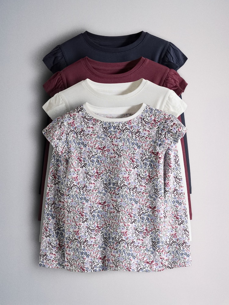 The Set 4 Pack Long Sleeve Frill Shoulder Jersey T-Shirts Ditsy Print/Cream/Burgandy Red/Navy Blue - Image 1 of 7 The Set 4 Pack Long Sleeve Frill Shoulder Jersey T-Shirts Ditsy Print/Cream/Burgandy Red/Navy Blue - Image 1 of 7