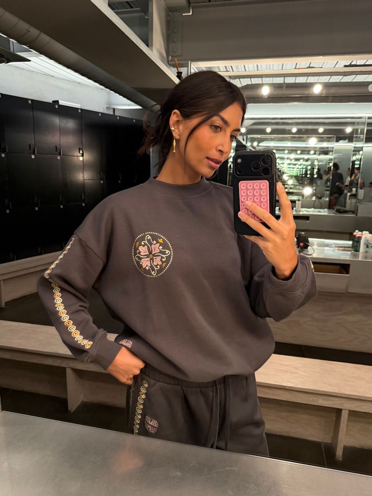 Never Fully Dressed Charcoal Grey Embroidered Print Crew Neck Sweatshirt - Image 1 of 5 Never Fully Dressed Charcoal Grey Embroidered Print Crew Neck Sweatshirt - Image 1 of 5