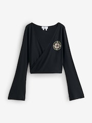 Never Fully Dressed Black Embrodiery Ballet Wrap Top - Image 1 of 1
