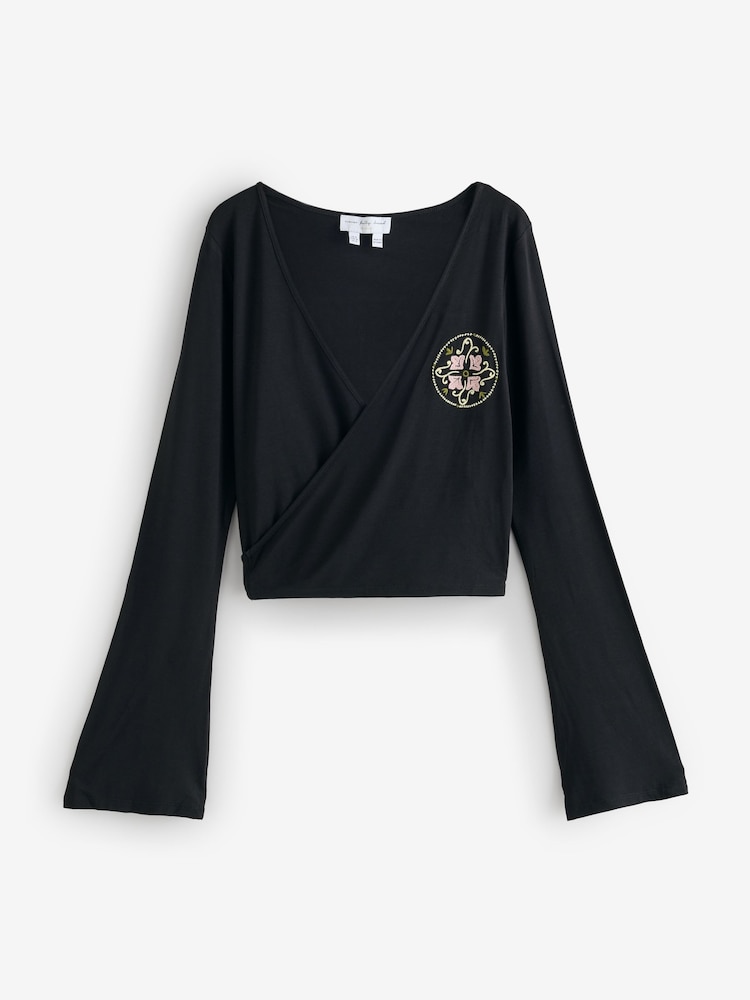 Never Fully Dressed Black Embrodiery Ballet Wrap Top - Image 1 of 1 Never Fully Dressed Black Embrodiery Ballet Wrap Top - Image 1 of 1
