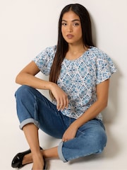 M&Co Blue Petite Floral Cotton Scoop Neck Top - Image 1 of 5