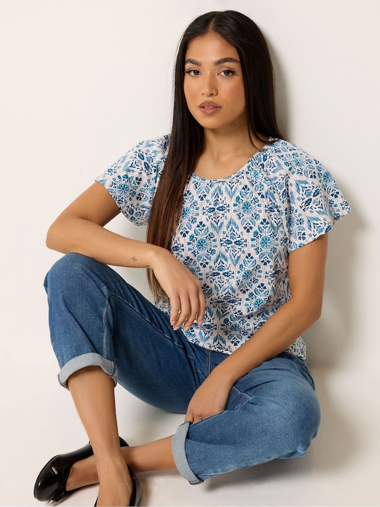 M&Co Blue Petite Floral Cotton Scoop Neck Top - Image 1 of 5