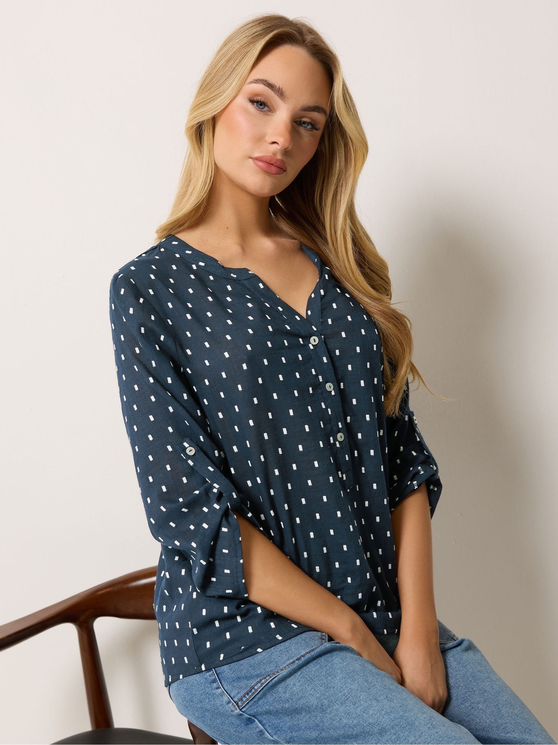 M & Co Women's Blue Notch Neck Long Sleeve Dobby Shirt