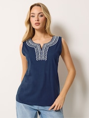 M&Co Blue Embroidered Notch Neck Top - Image 1 of 4