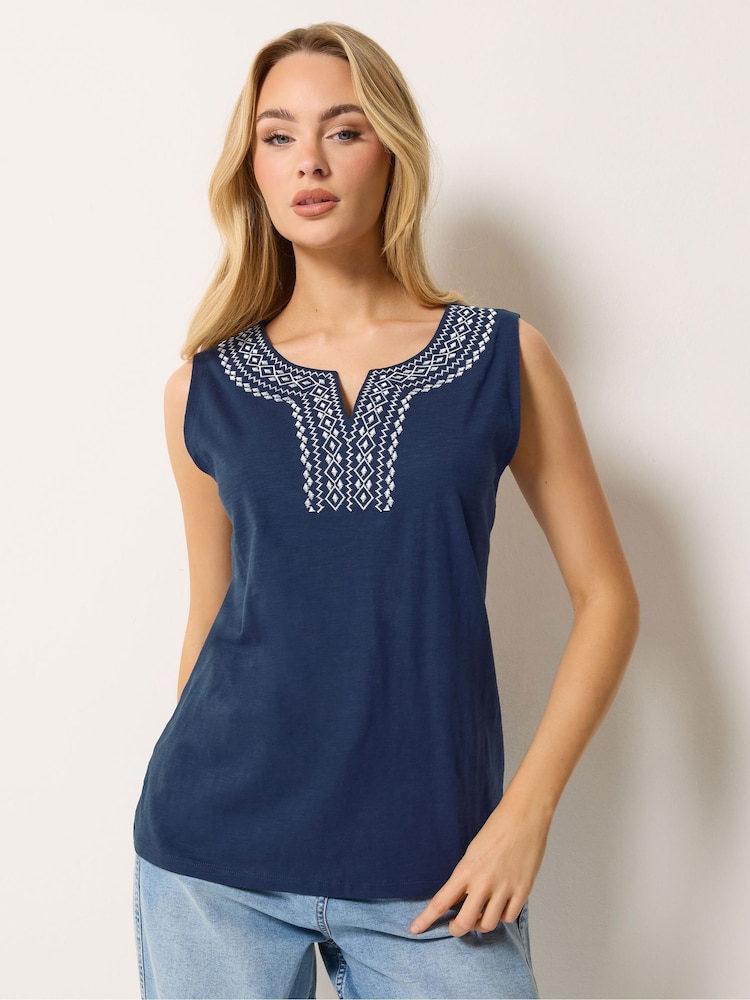 M&Co Blue Embroidered Notch Neck Top - Image 1 of 4