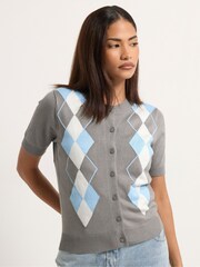 PixieGirl Petite Grey Argyle Short Sleeve Cardigan - Image 1 of 5
