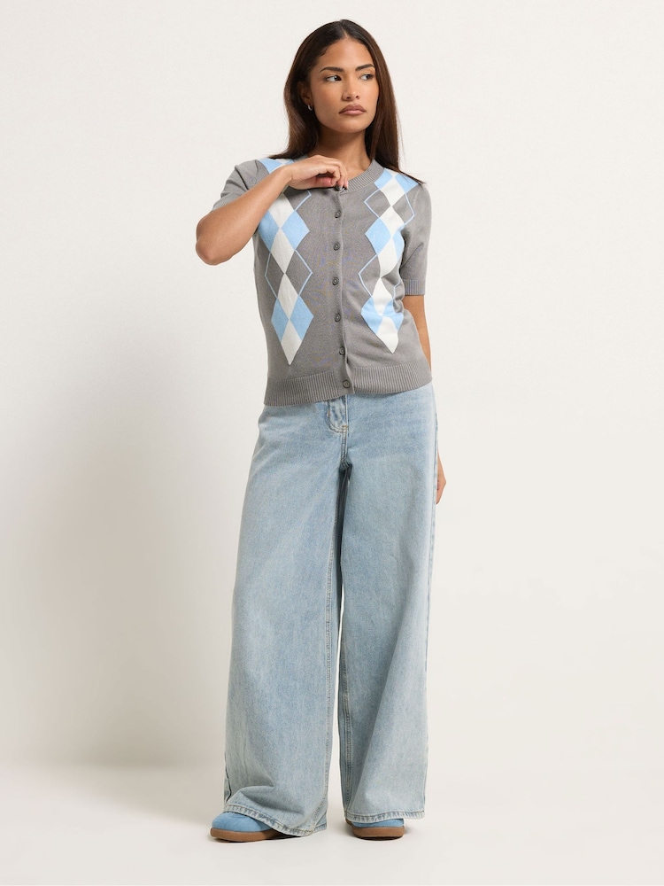 PixieGirl Petite Grey Argyle Short Sleeve Cardigan - Image 2 of 5